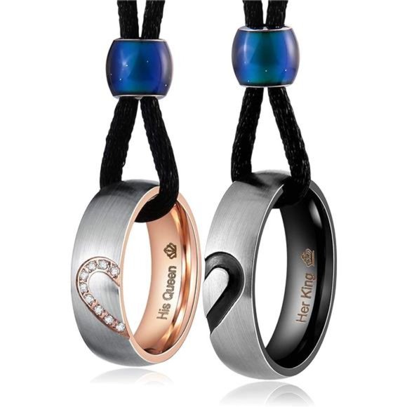 Matching Necklace, Stainless Steel Necklaces 2Pcs Couple Ring Heart Pendant - Picture 1 of 7